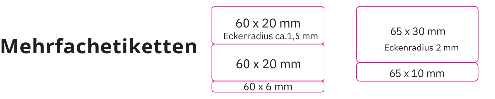 Lieferbare Größen von individuell bedruckten Mehfach-Einlagenetiketten aus Acetatseide