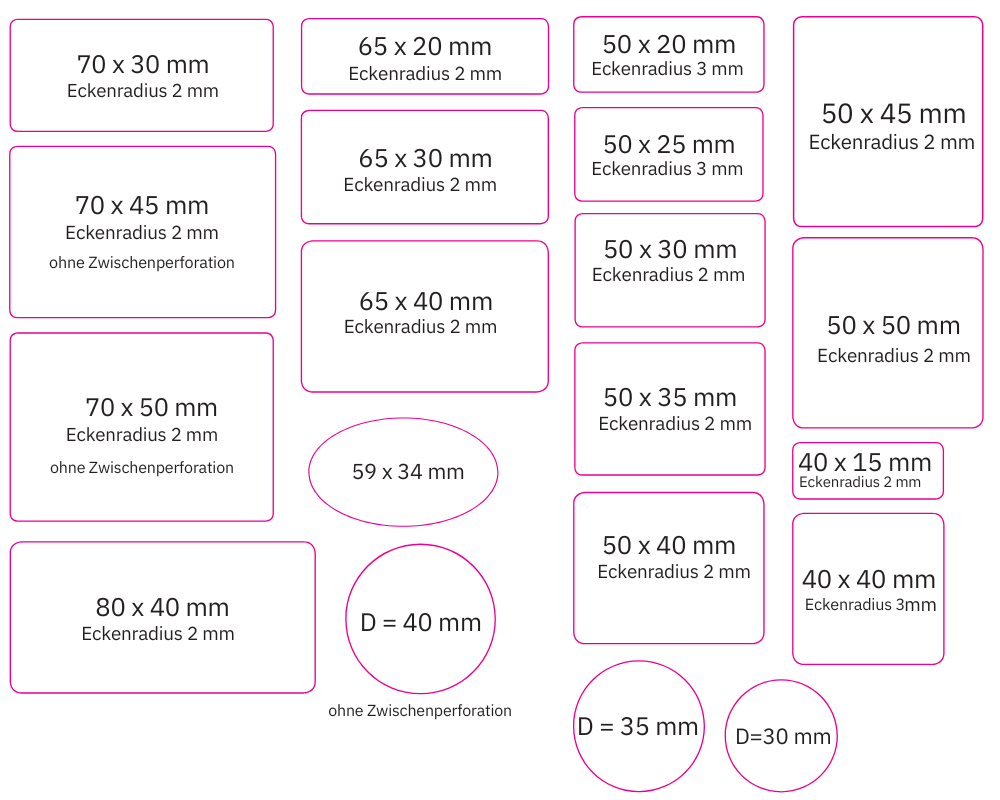 Lieferbare Größen von individuell bedruckten Einlagenetiketten aus Acetatseide